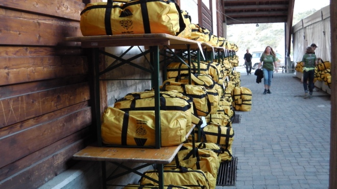 Racks and racks of drop bags at Cogne Life Base